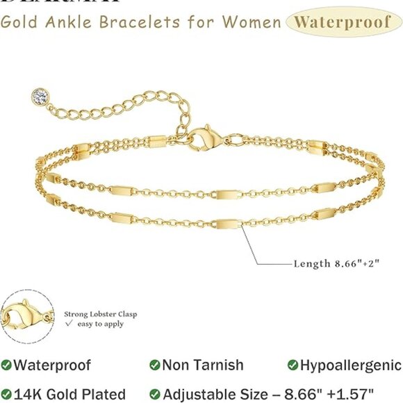 Ankle Bracelets 4K Gold Plated Anklets Layered Cuban Link Chain Waterproof - Picture 5 of 5